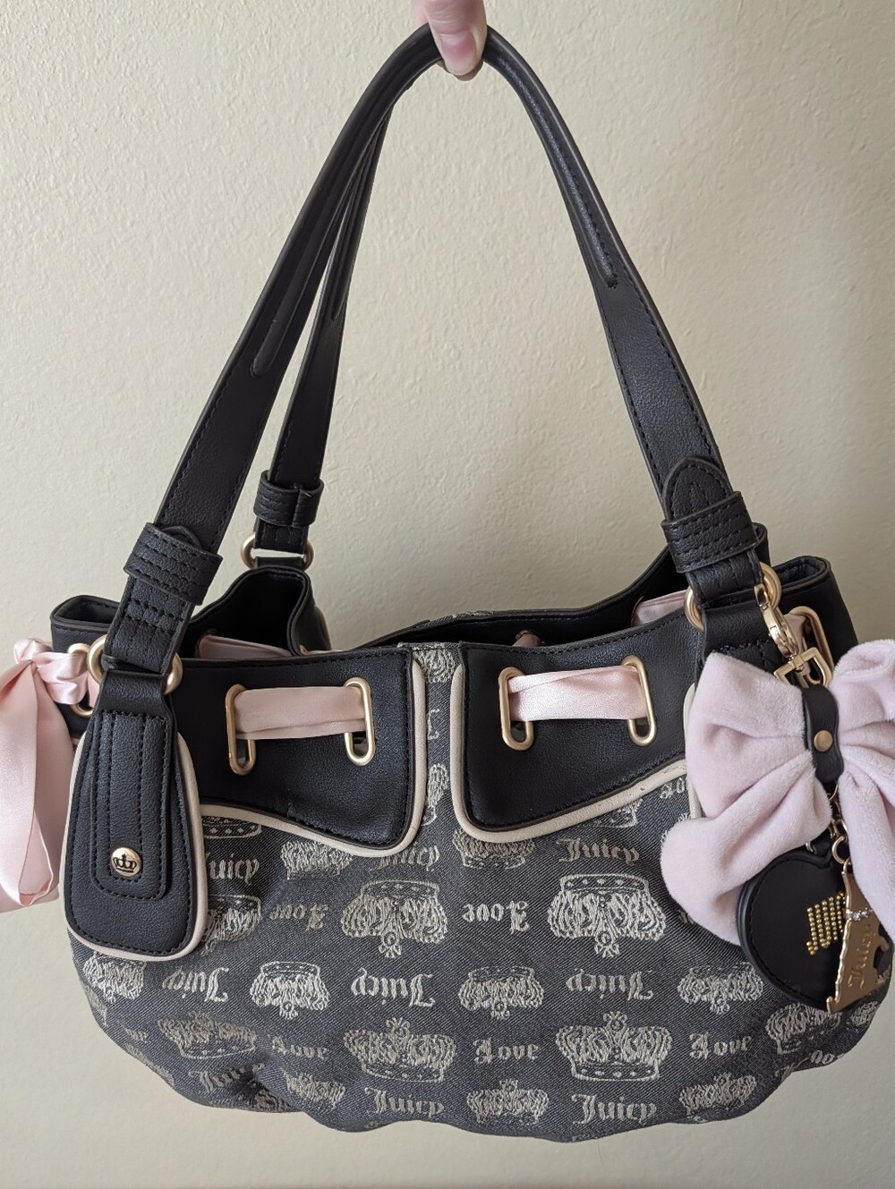 Juicy Couture Black & Pink Logo Bow Shoulder Bag